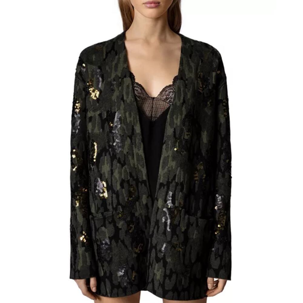 B45‎ Zadig & Voltaire Addison Sequin Camo Jacket XS Wool Open Front Night Out